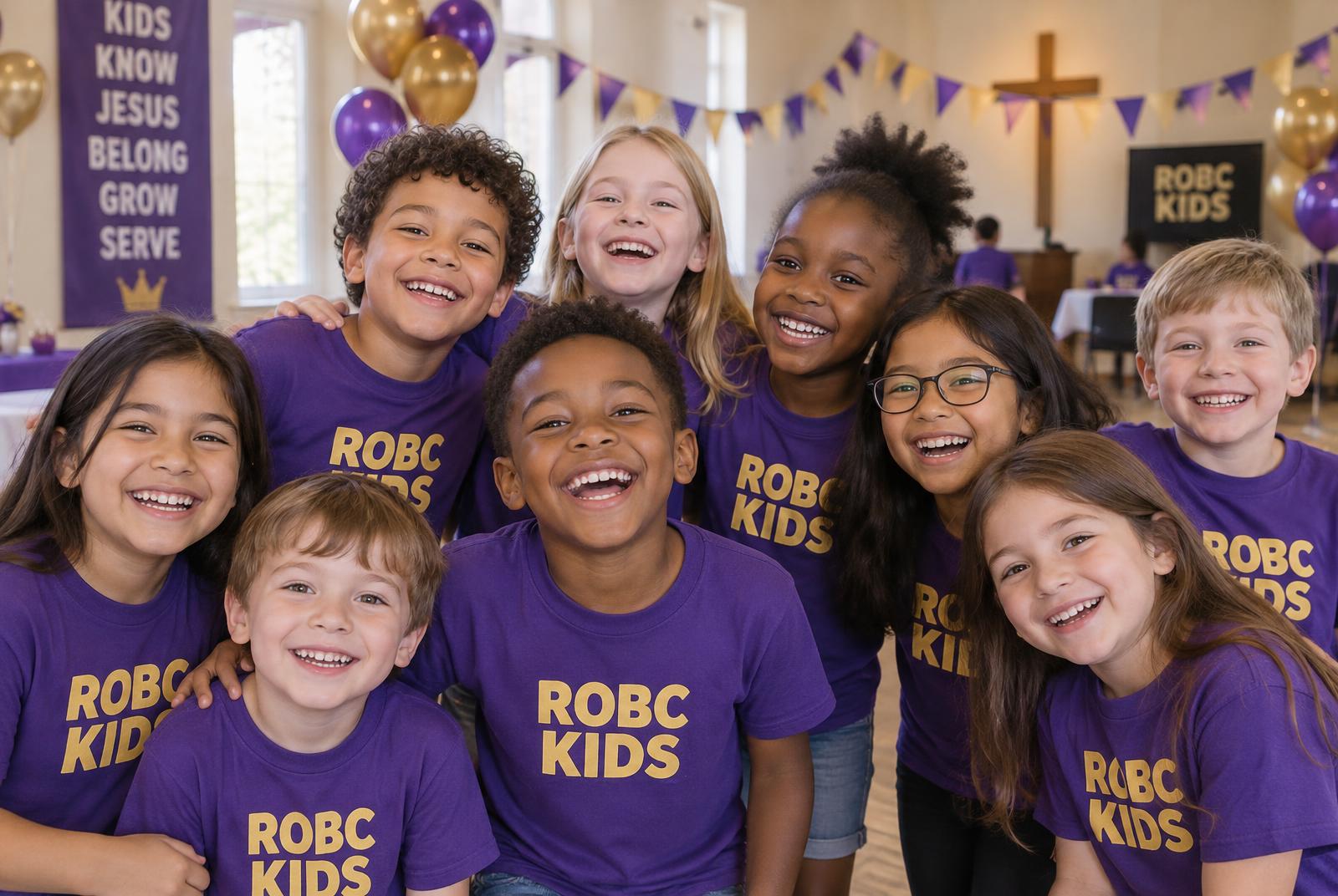 Kids for Christ children in ROBC Kids shirts with hands raised